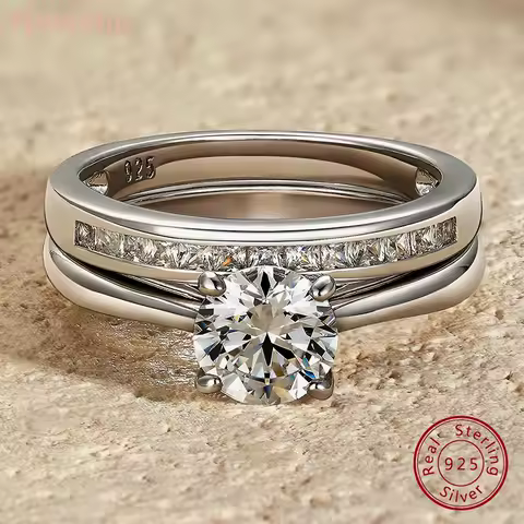 Newshe Solid 925 Silver Engagement Ring Wedding Band Fine Jewelry Luxury Solitaire Round Cubic Zircon Imitation Diamond Rings