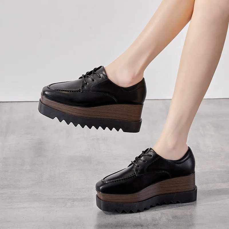 Oxford casual Donna Scarpe con zeppa con plateau in pelle Autunno Inverno Mocassini rialzati con punta quadrata Décolleté con lacci poco profondi Moda