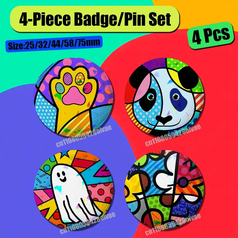 For JESUS Flowers Cat Romero B-Britto Happy Badge Pin Insignia 4 Pcs Set Round Button Emblem Laser Film Clothes 32mm Custom