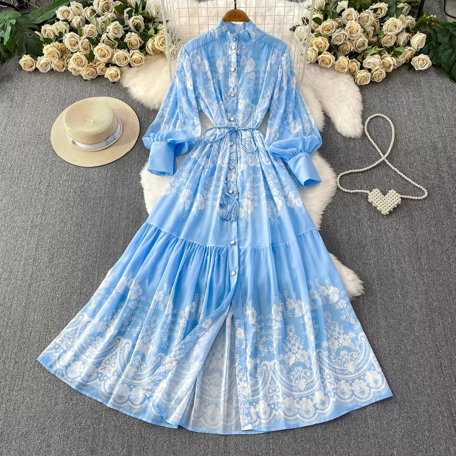 

Весеннее женское шифоновое платье макси с длинным рукавом и цветочным принтом, свободное, А-силуэт, с пышной юбкой, элегантное, для вечеринок