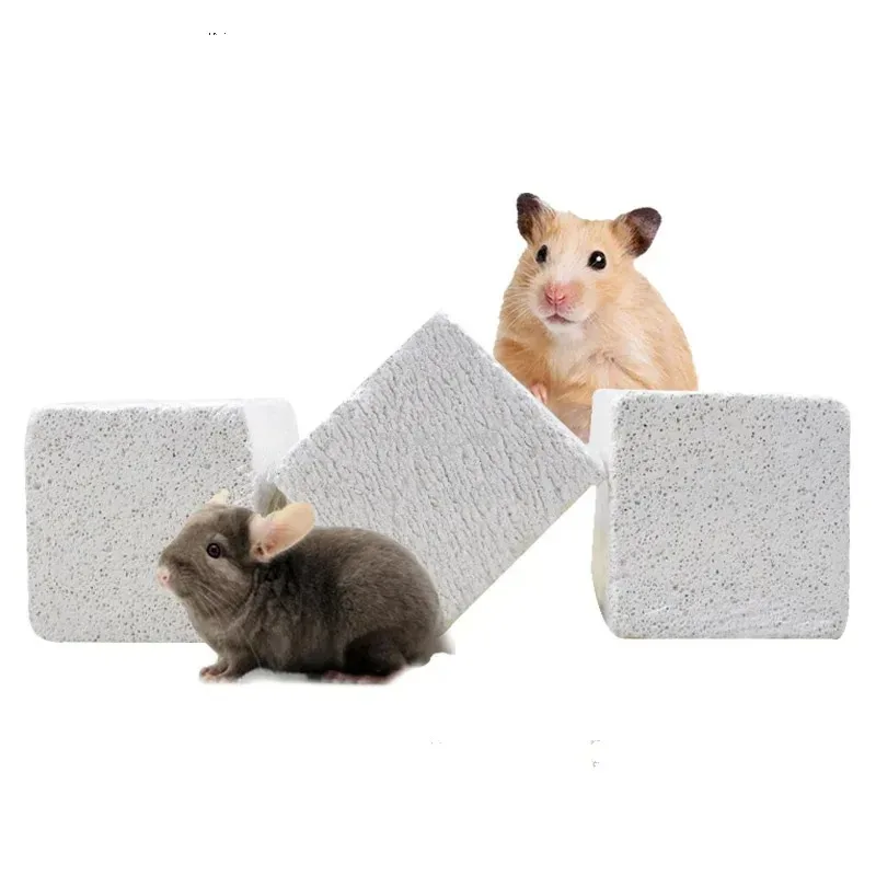 1PC Natural Mineral Small Animals Molar Stone Gray Square Hole Molar Toy Rabbit Guinea Pig Hamster Chew Toys Small Pets Supplies