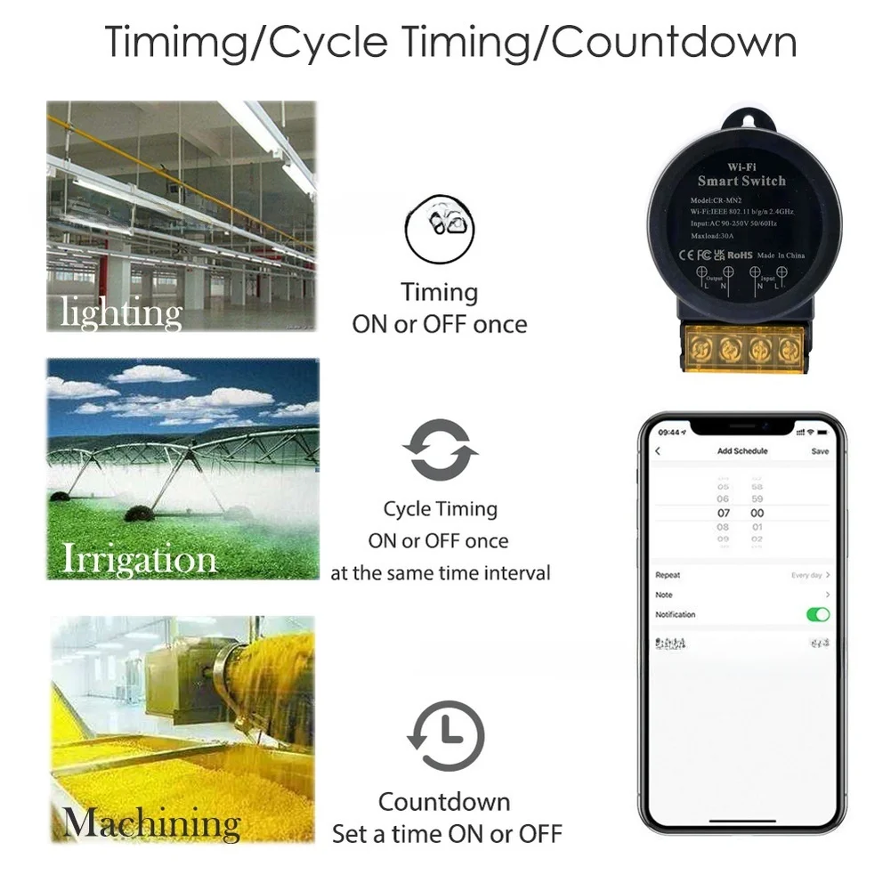 Smarts WiFi Power Switch 30A Metering 90 250V Remote Control Group Control Countdown Schedule For Lighting Pump Irrigation
