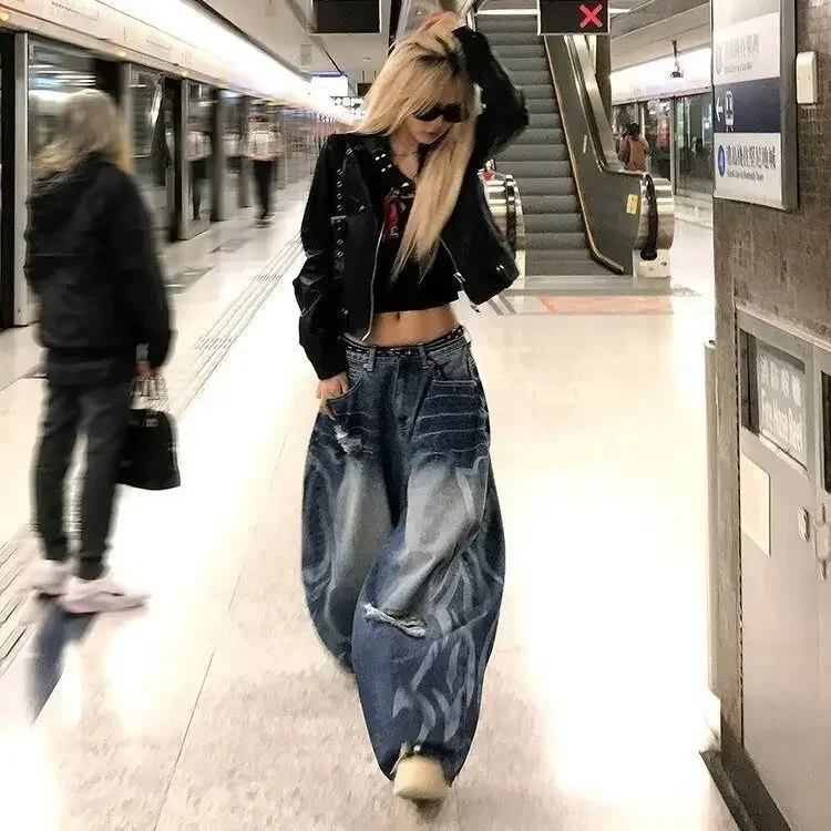 Women Jeans Baggy Wide Fit Boyfriend Denim Pants Grunge Punk Ripped Y2K Japanese Harajuku 2000s American Retro Design 3