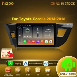 Hizpo 2 Din Android 14 Car Stereo For Toyota Corolla Ralink 2014 2015 2016 4G Radio Multimedia Player Navigation GPS Carplay BT