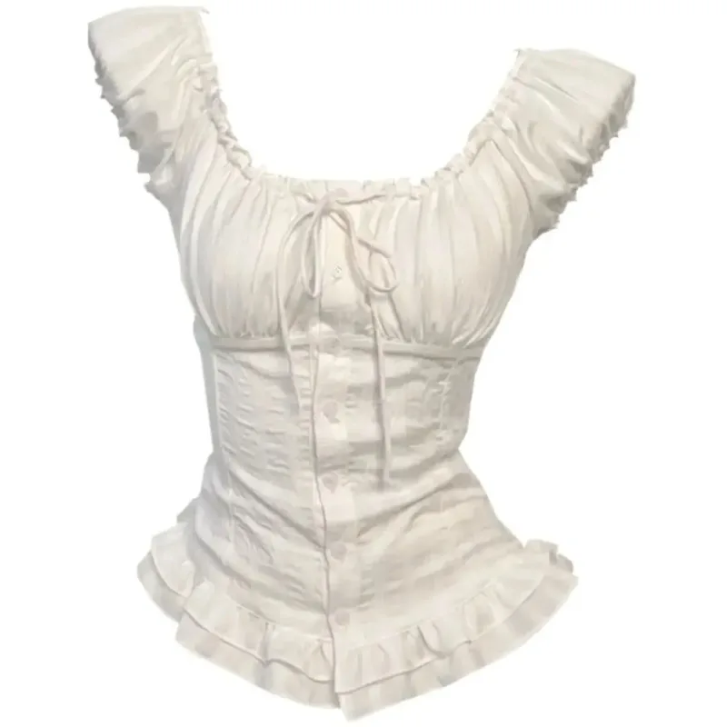 Sweet Hot Girl Puur Sexy Vierkante Hals Vetershirt Dames Zomer Geplooide Bubble Mouw Slim Fit Top Mode Dameskleding