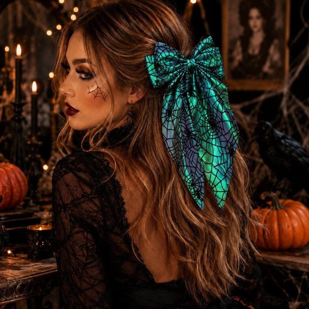 Creative Bat Spider Web Hair Bow Gothic Elegant Pumpkin Hair Clip Spring Clip Halloween Scrunchie Hair Accessories