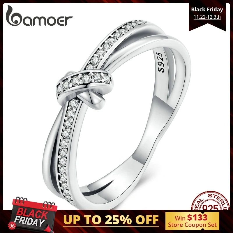 Bamoer Real 925 Sterling Silver Vintage Knot Band Rings For Women Retro Clear CZ Wedding Ring Bezel Fine Jewelry Gift Making