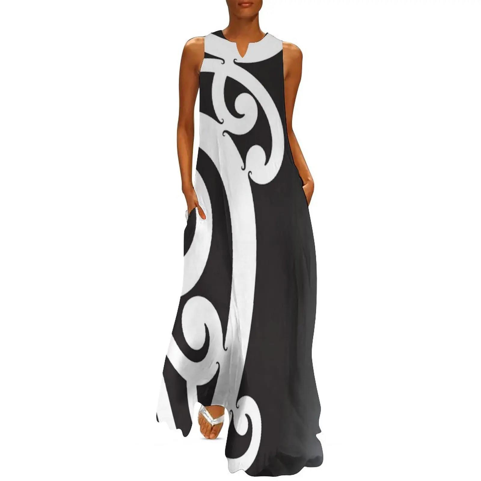 Preto e branco em camadas Māori Koru Design vestido longo vestidos de praia vestidos elegantes vestido de noite feminino