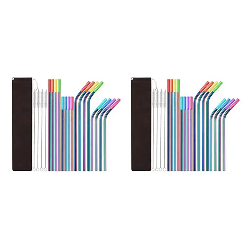 BHBD-32 Pack Rainbow Color Reusable Metal Straws With Silicone Tip Colored Long Stainless Steel Straws Drinking Straw
