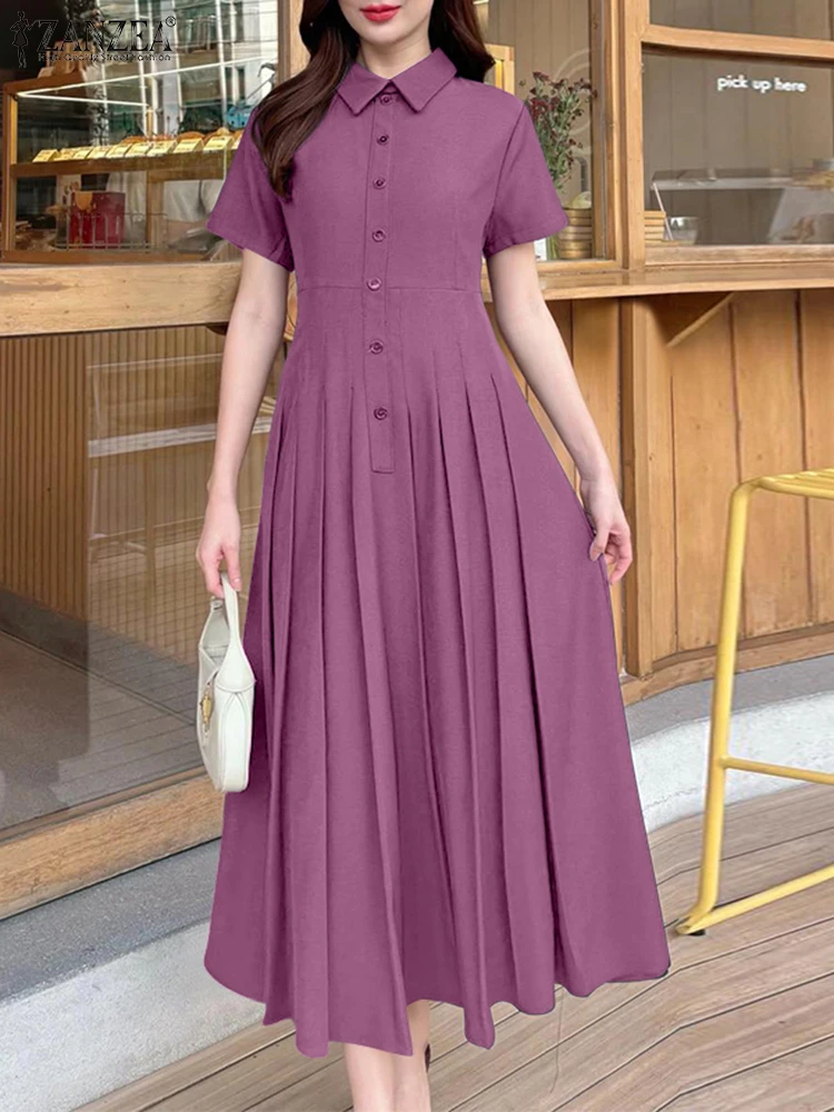 

ZANZEA Elegant Chic A-Line Pleated Dresses Women Fashion Turn-Down Collar Short Sleeve Midi Dress Solid Color Commuting Wear 3XL