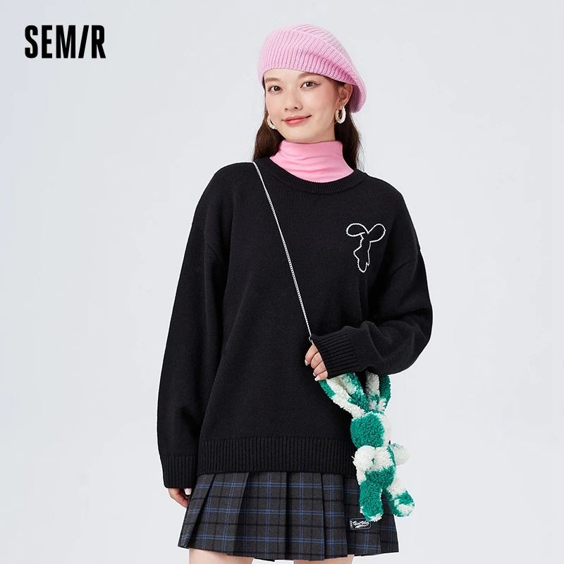 Semir Sweater Women Rabbit Embroidered Playful Loose Style Winter Trendy Off-Shoulder Pullover