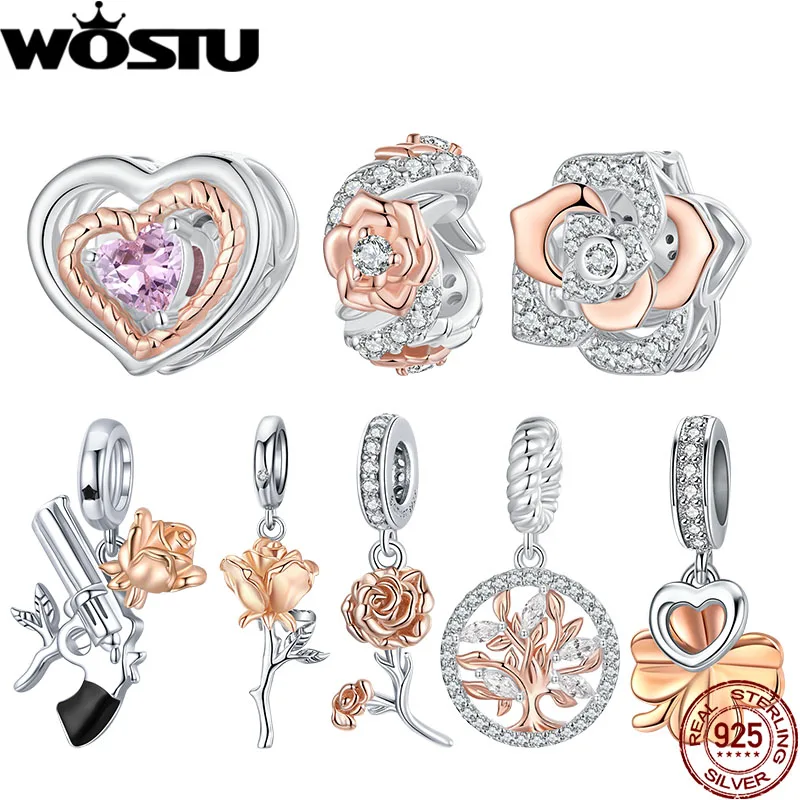 

WOSTU 925 Sterling Silver Tree of Life Pendant Plated White Rose Gold Rose Charm Spacer Beads Fit Original Bracelet for Women