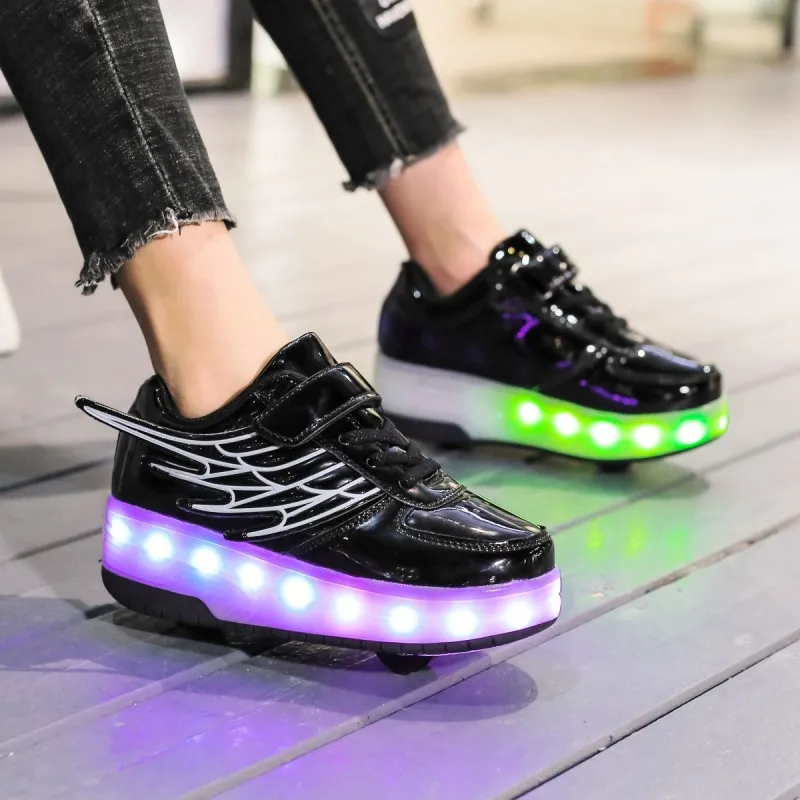 Baskets lumineuses à roulettes pour enfants, chaussures à roulettes lumineuses, noir clair, rose, Led, chargeur USB, nouveau, 1/2