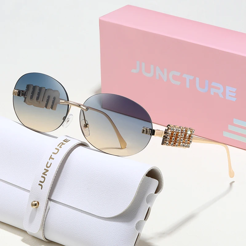 JUNCTURE Oval Frame Sunglasses New Rimless Cut Edge Personality Glasses Fashion Design Sense Small Frame Sun Glasses UV400