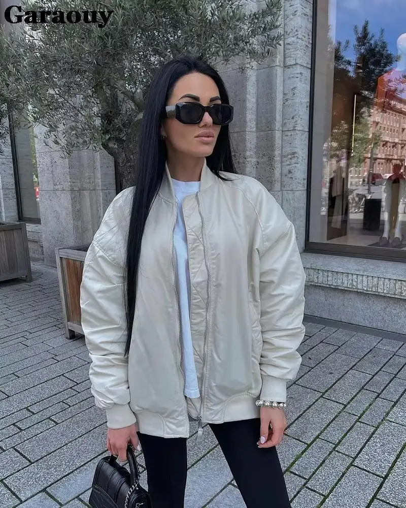 Garaouy Autumn Fashion Women Oversized Bomber Jacket Female 2023 Vintage Zip Pockets Stand Collar Coats Contrast Cargo Outerwear