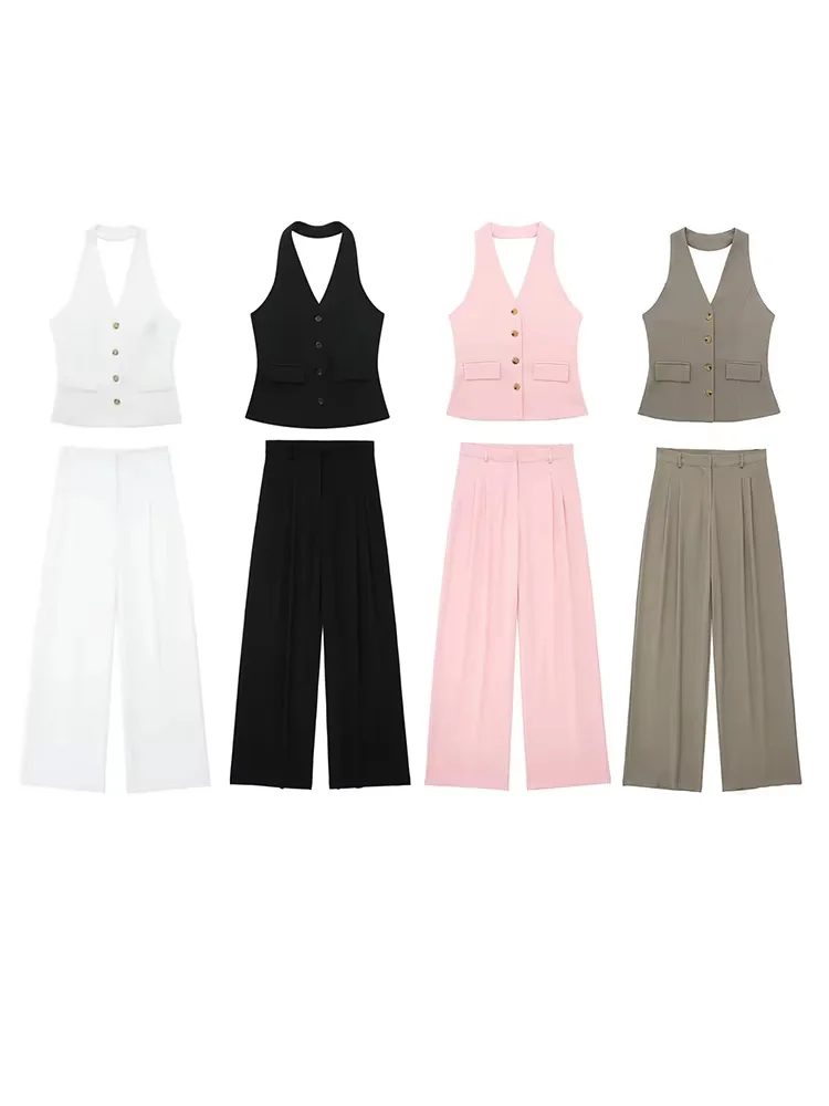 

HH женский однотонный комплект из 2 предметов, однобортный жилет без рукавов с лямкой на шее + широкие брюки на молнии с высокой талией