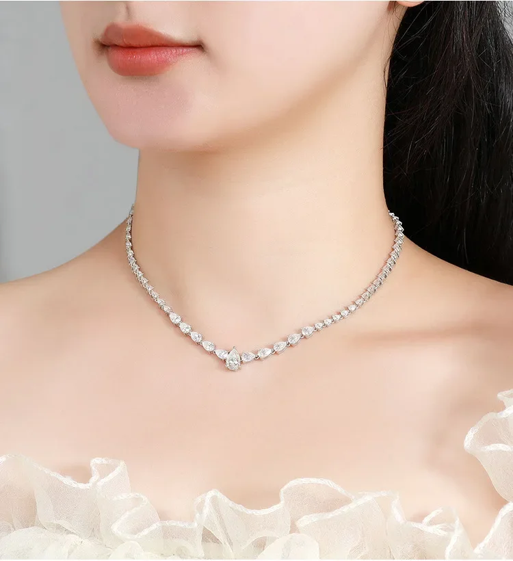 Moissanite Pear Cut Full Paved GRA D VVS1 S925 Silver Gradient Waterdrop Tennis Necklace Luxury Wedding Jewelry for Women