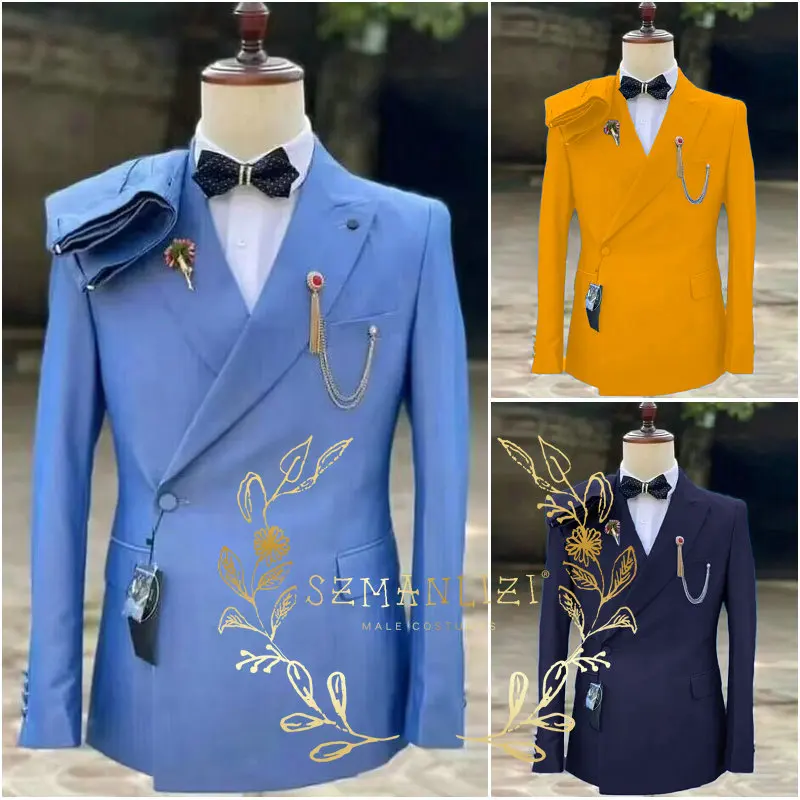 

Latest Design Blue Slim Fit Double Breasted Men Suits For Wedding Groom Tuxedos Formal Suits Best Man Prom Party Blazer Pant