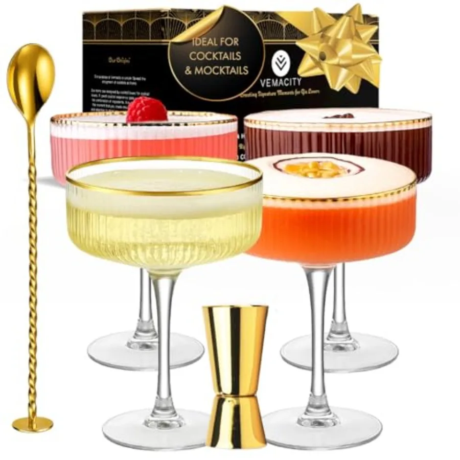 

Ribbed Espro Glasses Set of 4 with s Coupe Glasses Cocktail Glasses for Margaritas, Champagne and More - Includes Jigger and Ba