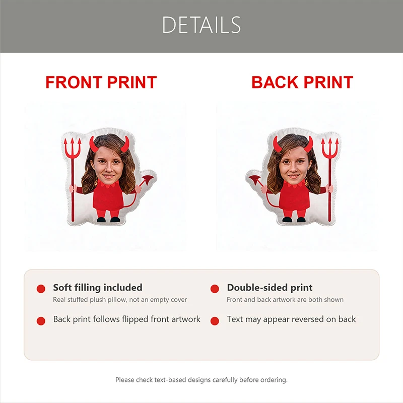 Custom Funny Face Devil Costume Shaped Pillow, Personalized Photo Decorative Cushion with Red Horns & Pitchfork, Unique Home Dec