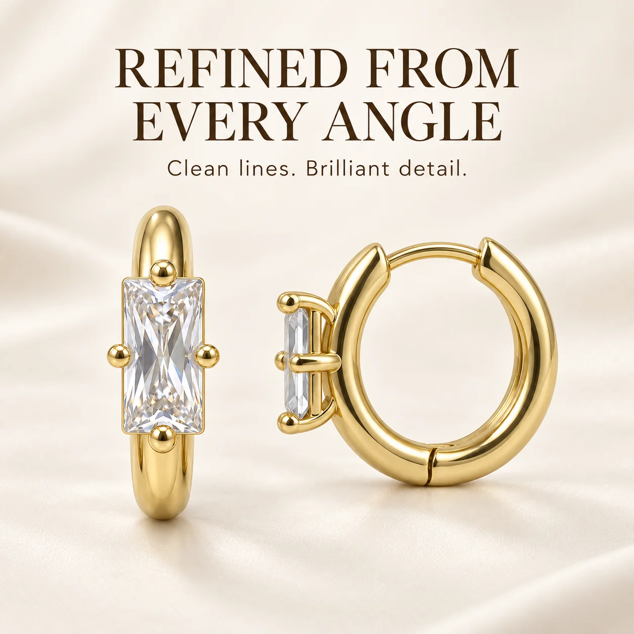 Moonmory Original Design Smaragdschliff CZ Huggie Creolen für Damen, 14K vergoldetes Messing, minimalistischer Ohrring, Schmuck Großhandel – Detail 6