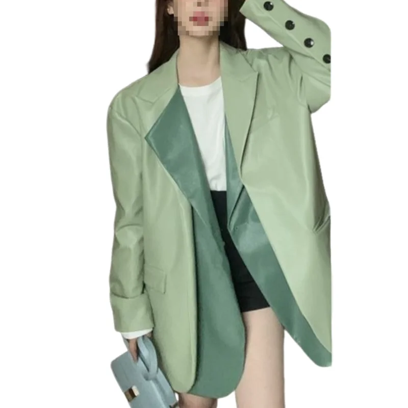 스플라이스 페이크 투피스 가죽 재킷 수트 코트 여성용 가을 겨울 신상 한국 버전 롱 스타일 루즈 가죽 재킷