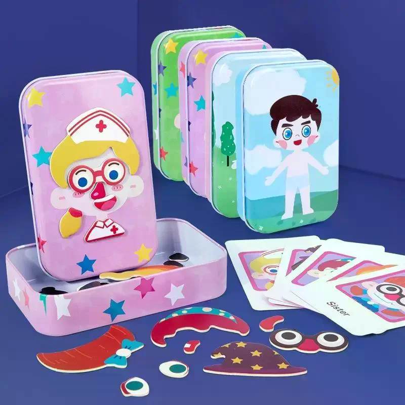 Magnetic Dress Up Puzzle Toys Children Dress Up Change Facial Expression Game Iron Box Storage For Kid Early Learning Party Gif