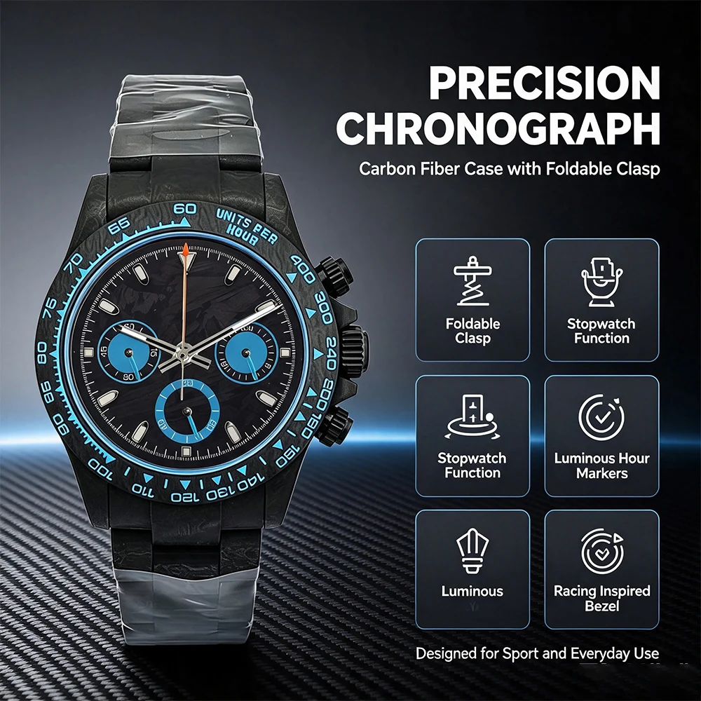 Men Chronograph Watch VK63 Movement Carbon Fiber Case Foldable Clasp Luminous Hands Sports Wristwatch For Male Daily Business