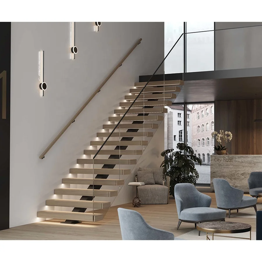 التخصيص رائجة البيع الطراز الحديث المعادن الصلب الخشب الدرج عالية الجودة التجارية الدرج الزجاج المقسى الدرابزين الدرج