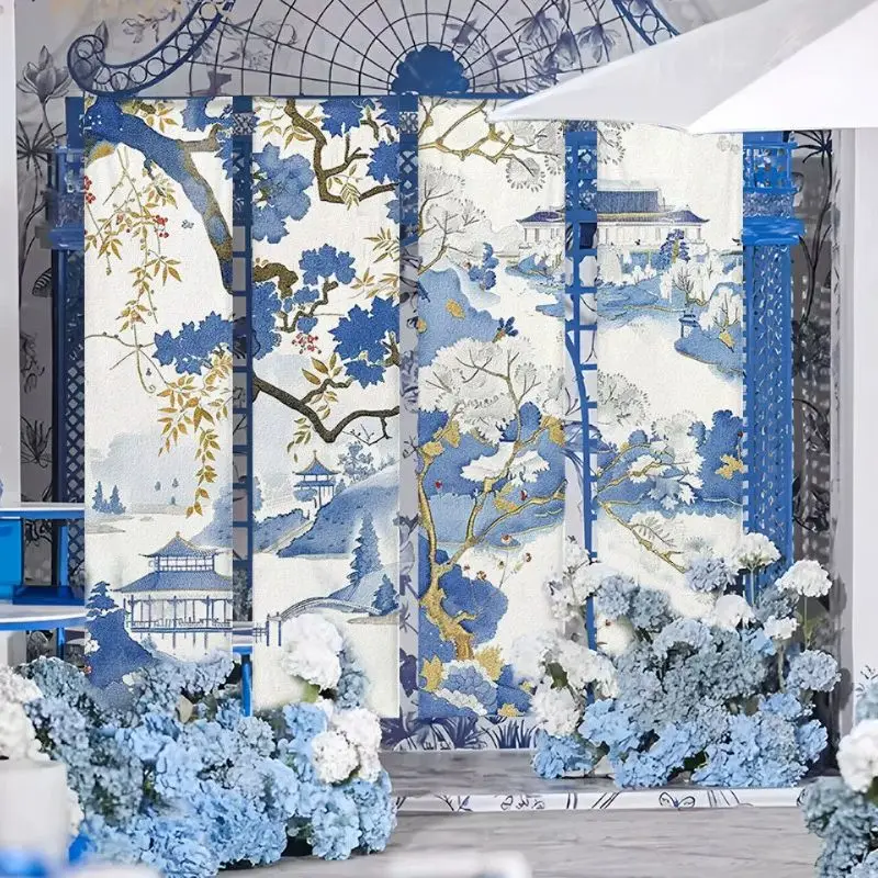 VIKAMA Ceiling Hanging Curtain Chinese Blue Ink Landscape Decorative Banner Restaurant Bar Cafe Wedding Home Decor