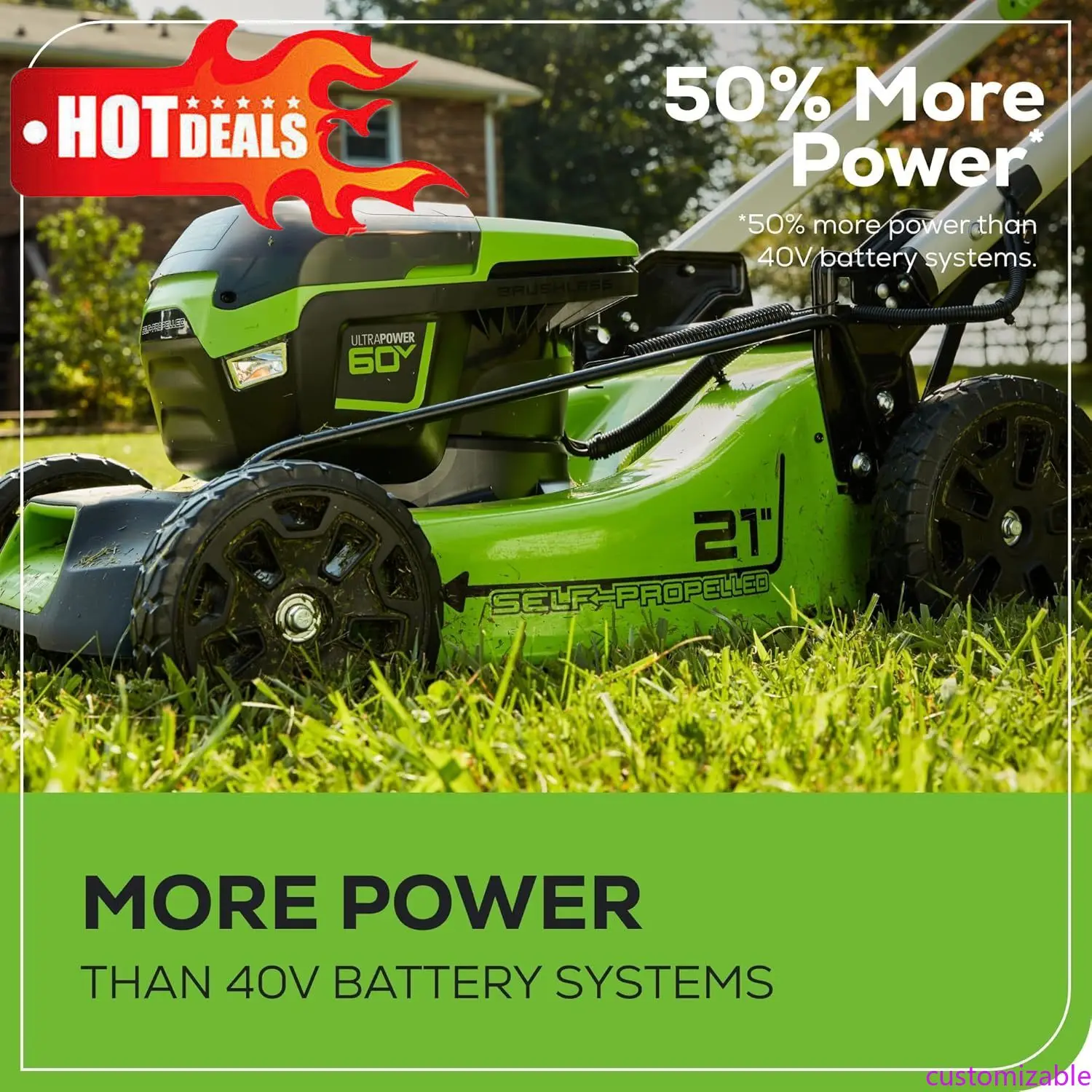 

Customizable 60V 21" Self-Propelled Cordless Lawn Mower, Brushless Motor, LED Lights, Includes 2X 4.0Ah Batteries & Rapid Dual-P