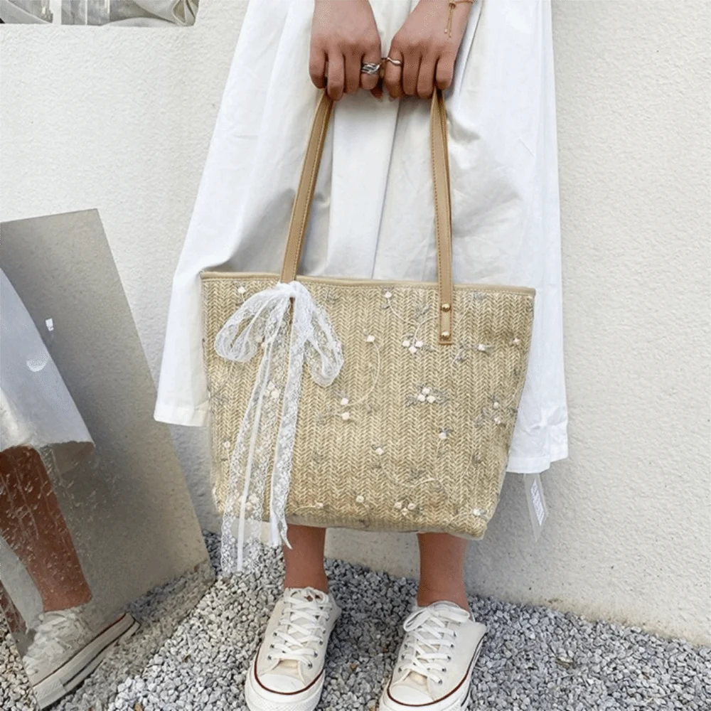 

Single Shoulder Large Capacity Straw Woven Shoulder Bag Handmade Portable Beach Bag Lace Handbag Multi-purpose