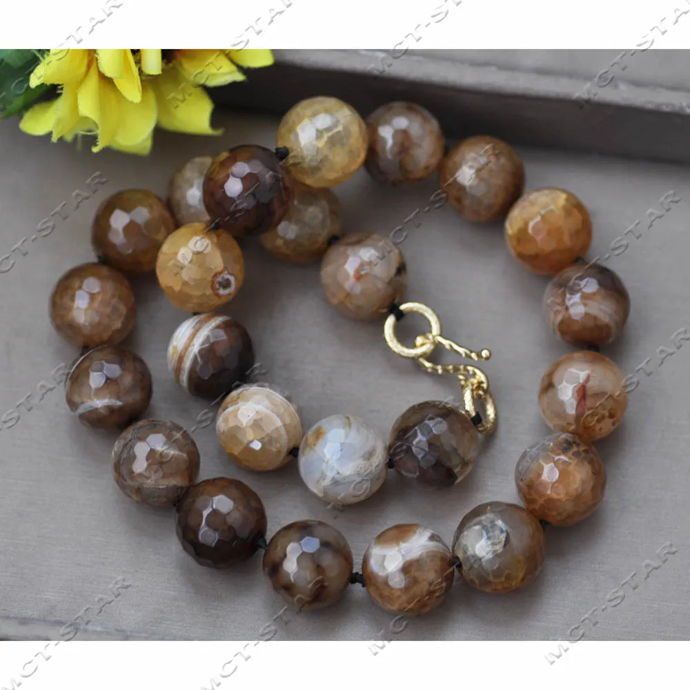 Z13983 21'' 20mm Yellow Brown Round Faceted Agate Bead Necklace CZ Custom Jewelry