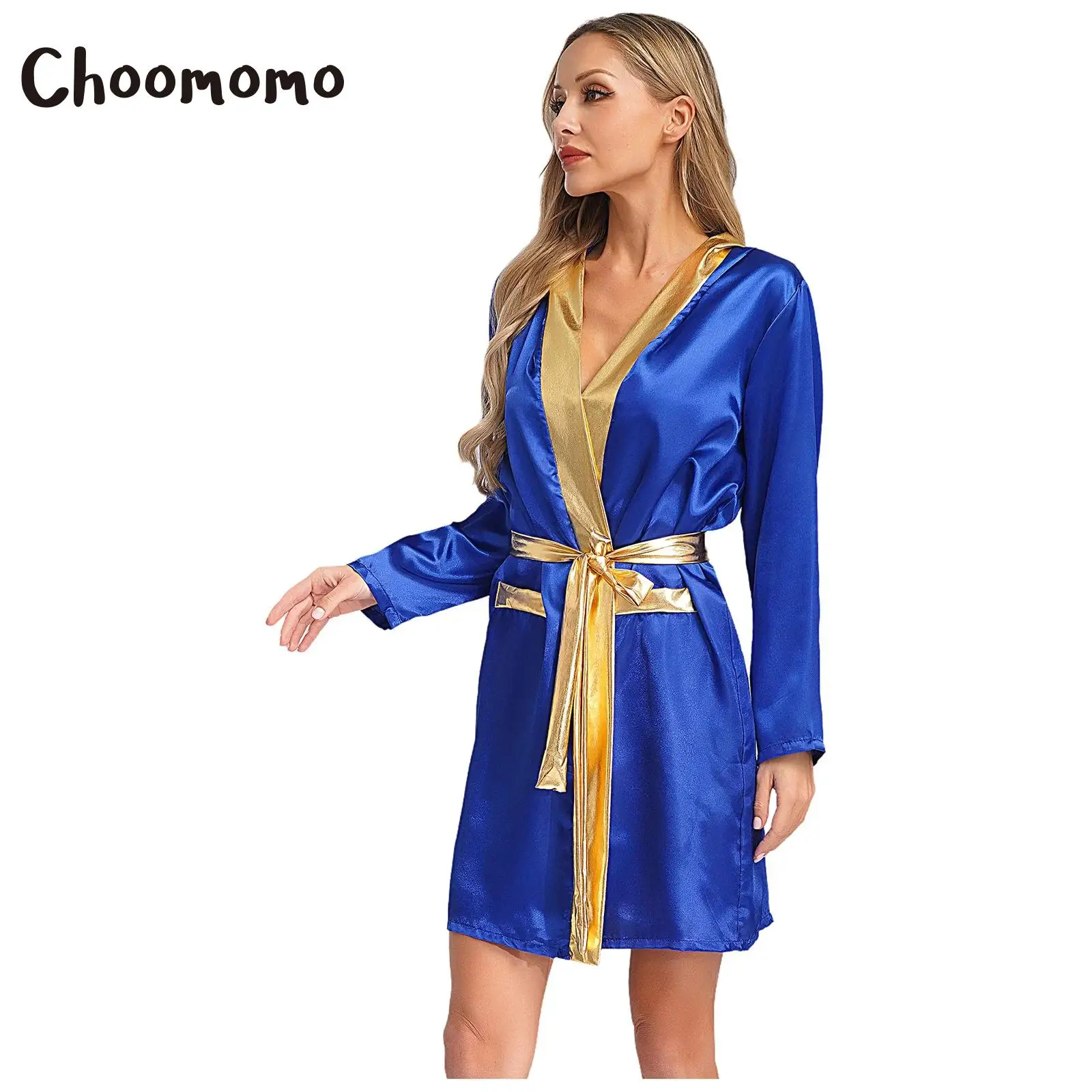 

Womens Boxing Robe Halloween Cosplay Costume Championship Belt Style with Metallic Trim Satin Hooded Open Front Cloak Dress Up