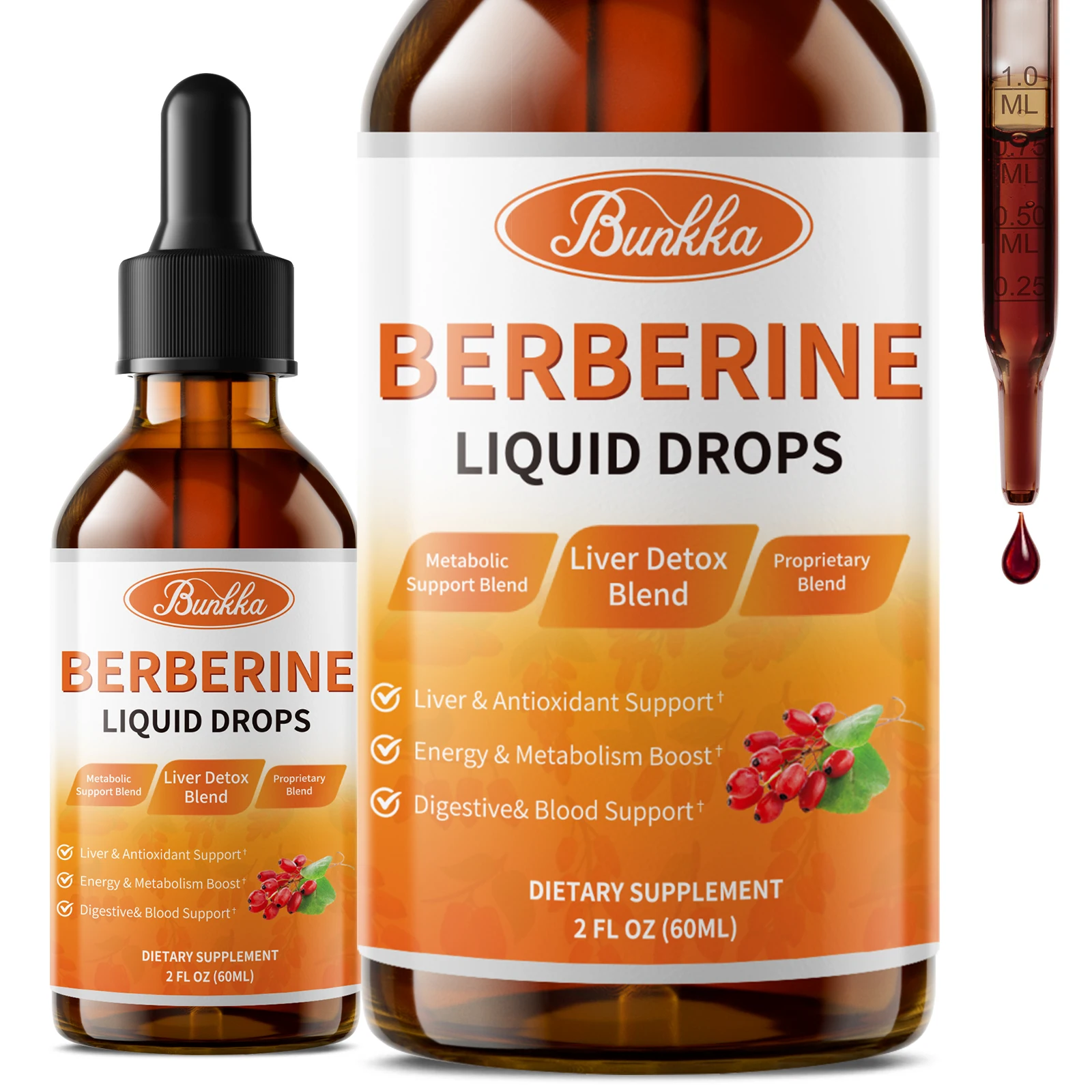 

Bunkka 60ML Berberine Drop 100% Absorption Support Immunity,Metabolism and Digestive Health Improve Mood Function 2ML Per Day