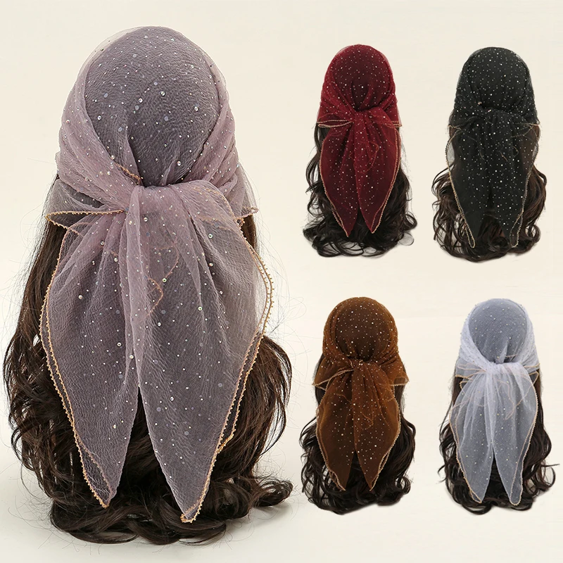 Lace Scarf Women's Fashion Diamond Gauze Square Scarf Elegant Hair Accessories Organza Square Scarf Summer Headband Lace Shawl