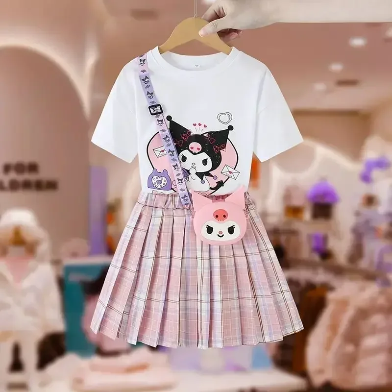 Kawaii Children Kuromi T-shirt and Short Skirt Set MINISO Anime Lovely Girl Fashion JK Student Versatile Pleated Skirt 2024 New