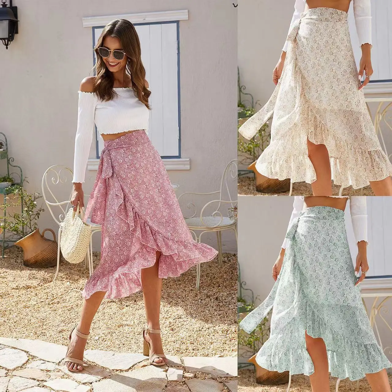 

2024 Summer New Style Irregular Chiffon Skirt with Floral Pattern, Suitable for Women's Daily Wear