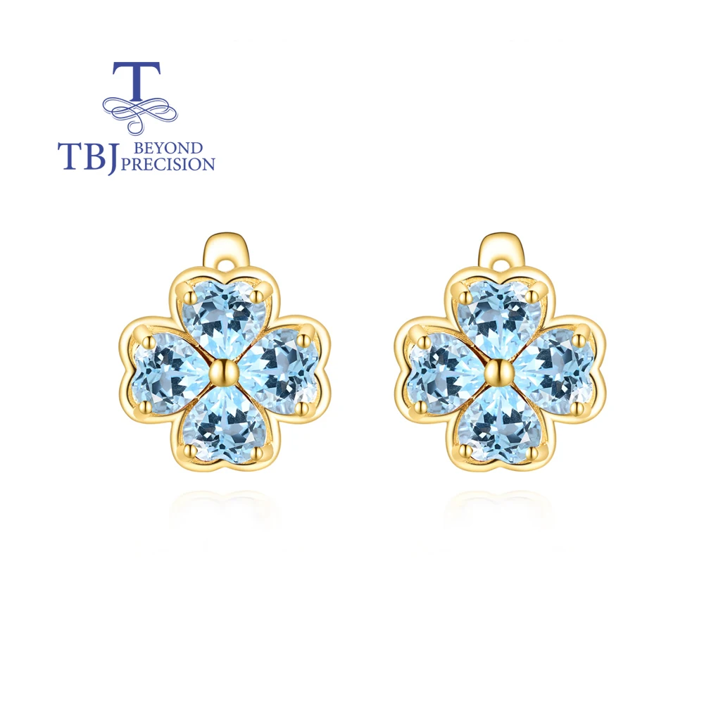 

Elegant 925 sterling silver earrings natural garnet/sky blue Topaz Four leaf clover design fine jewelry for women birthday gifts