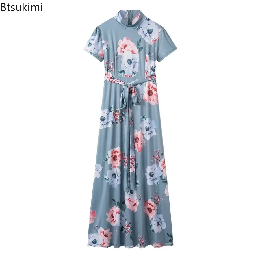 New 2026 Women\'s Summer Casual Floral Print Dress Luxury Retro Fashion Round Neck Mid Waist Comfortable Large Swing Dress Female