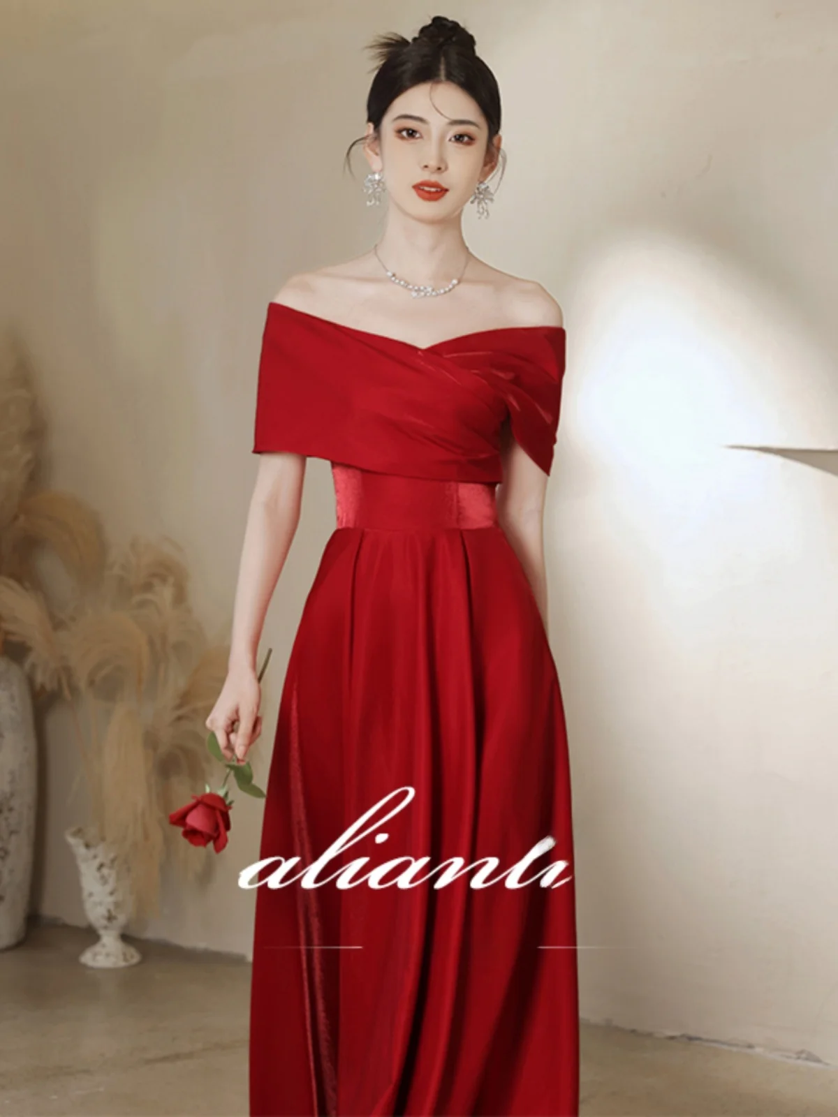 

Red Satin One-oulder Engagement Dr Ele Wedding Gown for Women Faionable Midi Length A-Line Skirt Evening Dr