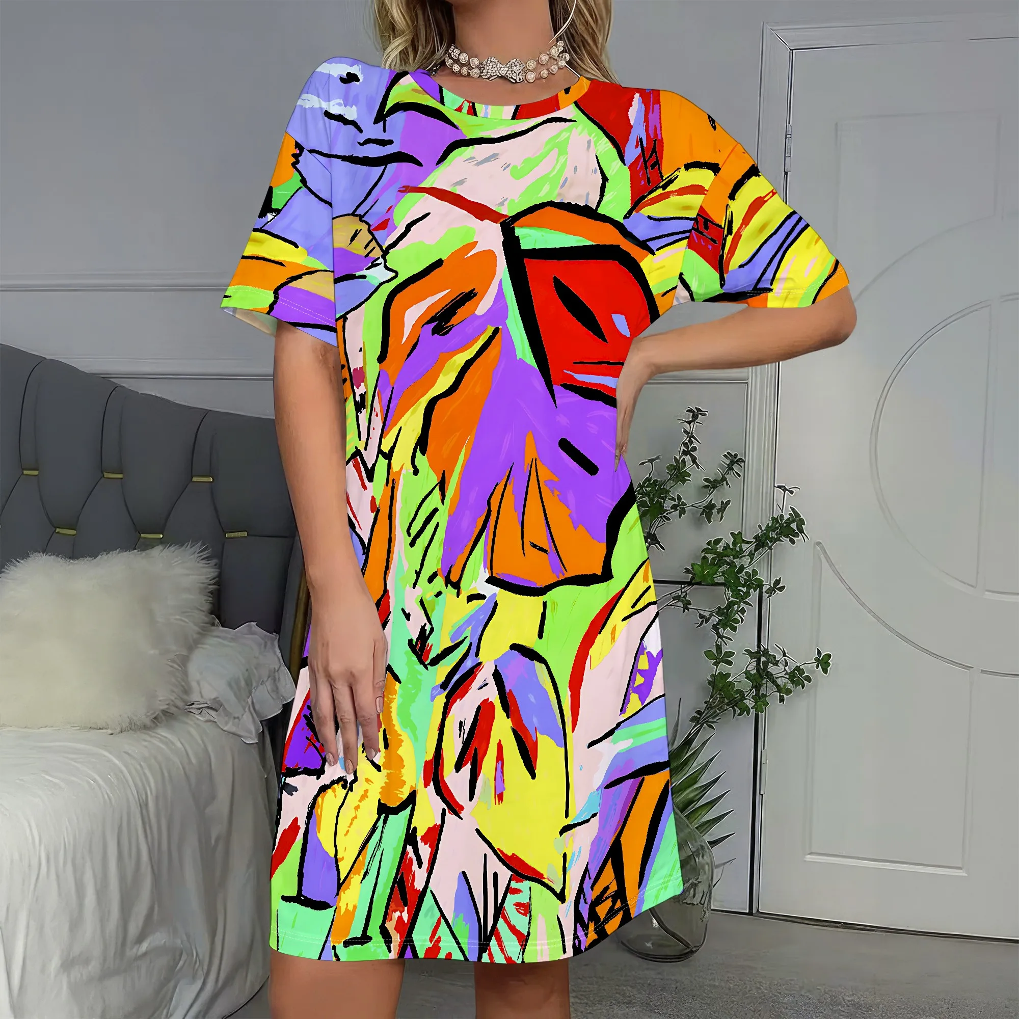 

Abstract Art Print, Short Sleeve Dress, Vibrant Colors, Modern Style, Casual Wear, Women's Fashion, S-2XL