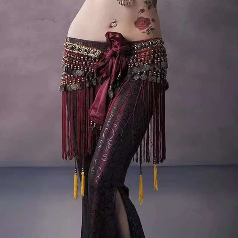 Women Belly Dance Clothing Velvet Tribal Hip Scarf Fringe Belly Dance Bronze Coin Belts