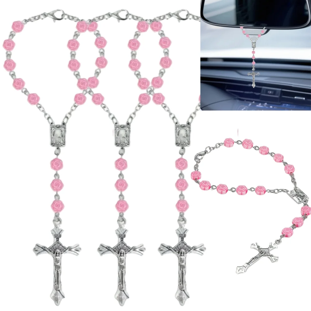 Car Rosary Beads Hanging Pendant Rearview Mirror Cross Personalised Hanging Decor Pink Rosary Pendant Car Interior Accessories