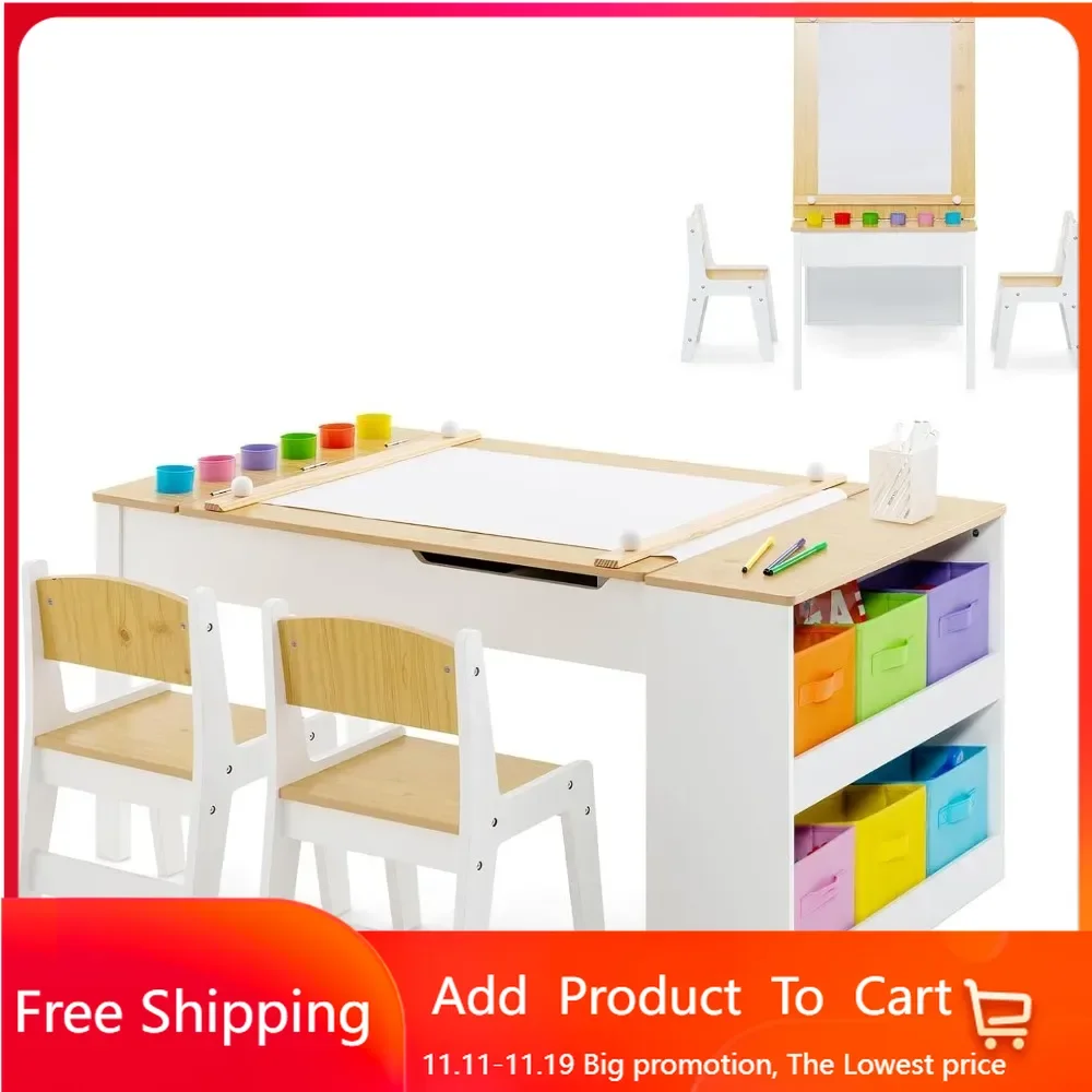 3 in 1 Kids Art Table and Chair Set, Toddler Craft Play Wood Activity Desk with 2 Chairs Storage Canvas Bins Paper Roll