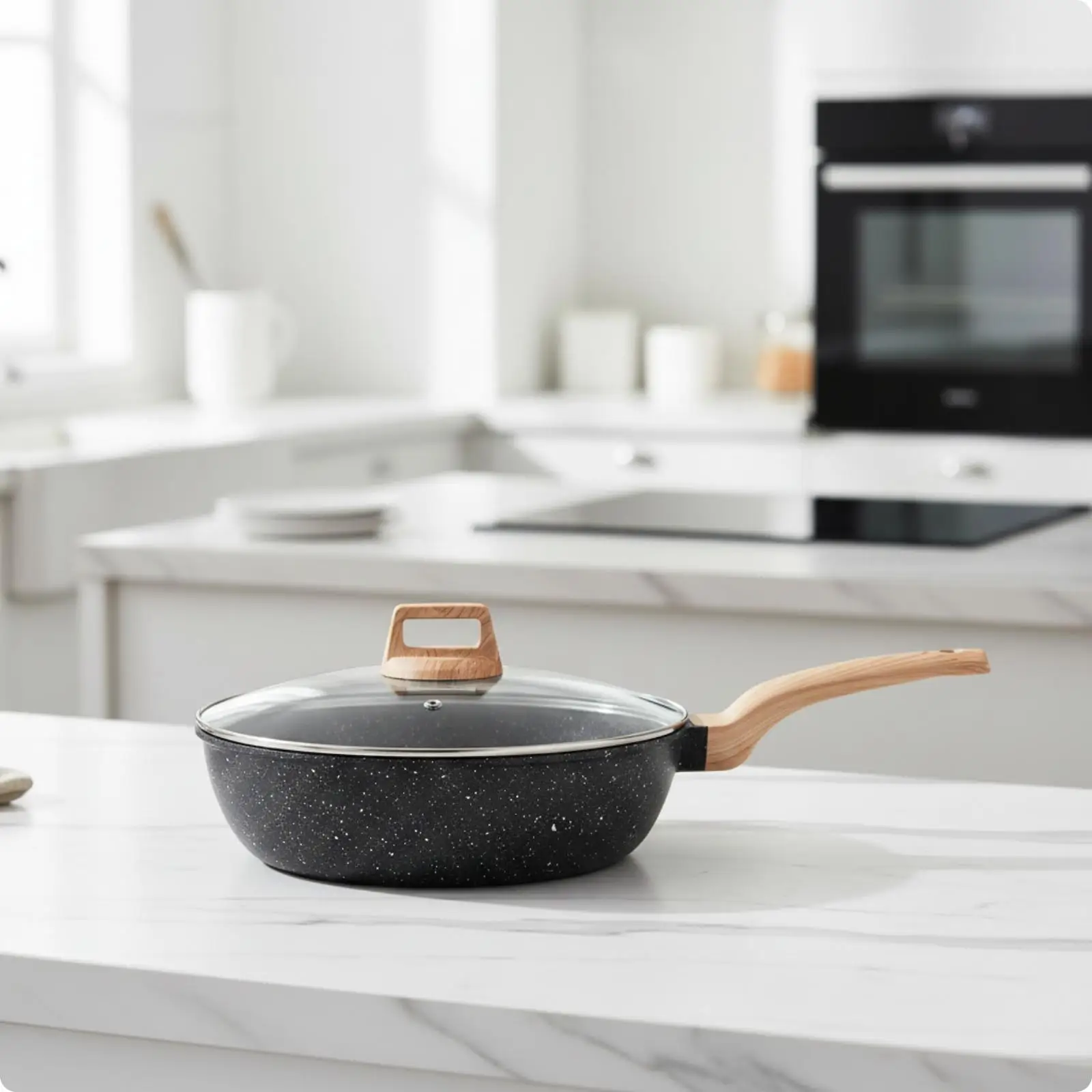 Kitchen Nonstick Cooking Pan with See Through Lid Wood Grain Knob for Frying and Simmering Meals