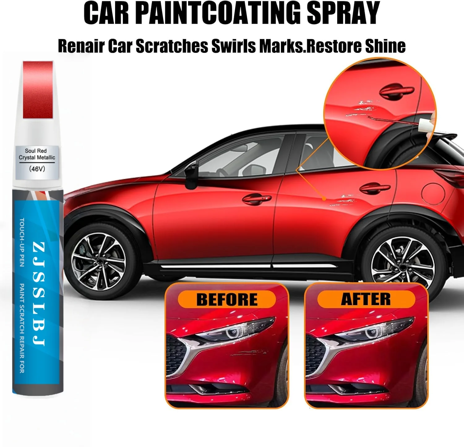 Car Touch Up Paint(Soul Red Crystal Metallic(46V)) for Mazda, Car Paint Scratch Repair Kit, Quick & Easy Solution to Repair