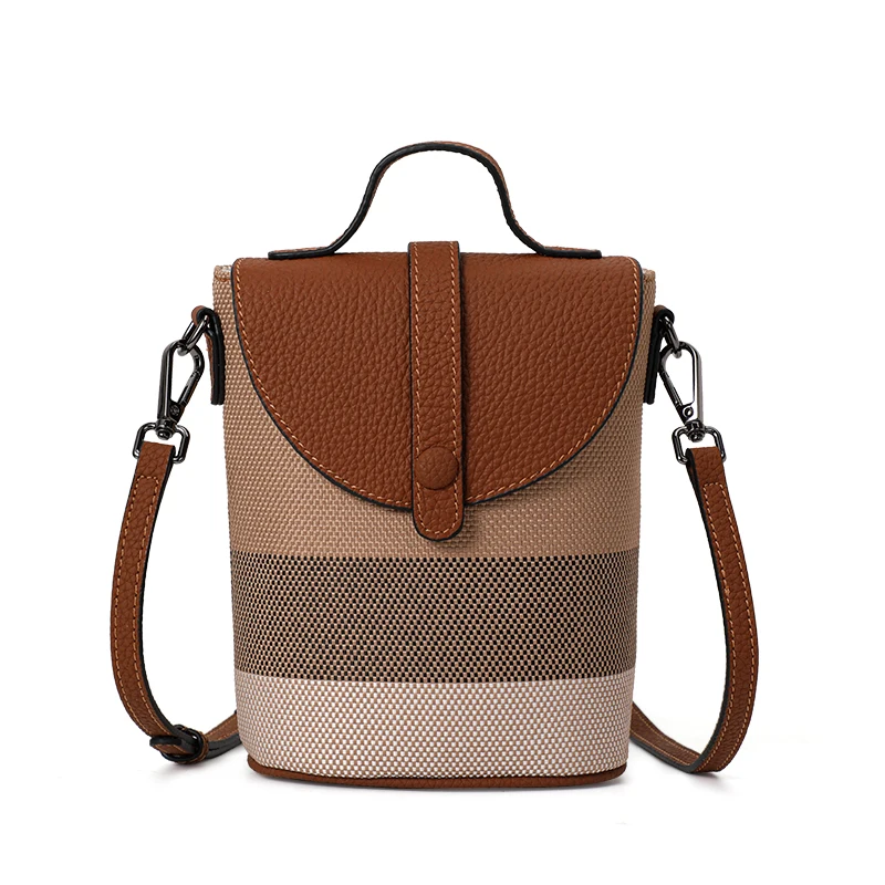 Lightweight Mini Bucket Bag Combined With Canvas & Cowhide Multi Pocket Crossbody Purse For Casual Trip Daily Outfit