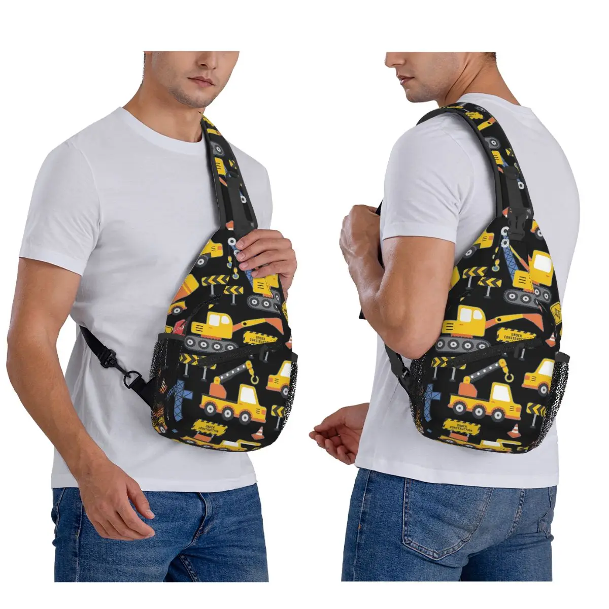 Road Work Under Construction Transportation Pattern Blue Chest Bag Men Sling Crossbody Backpack Chest Bag Daypack Shoulder Bag