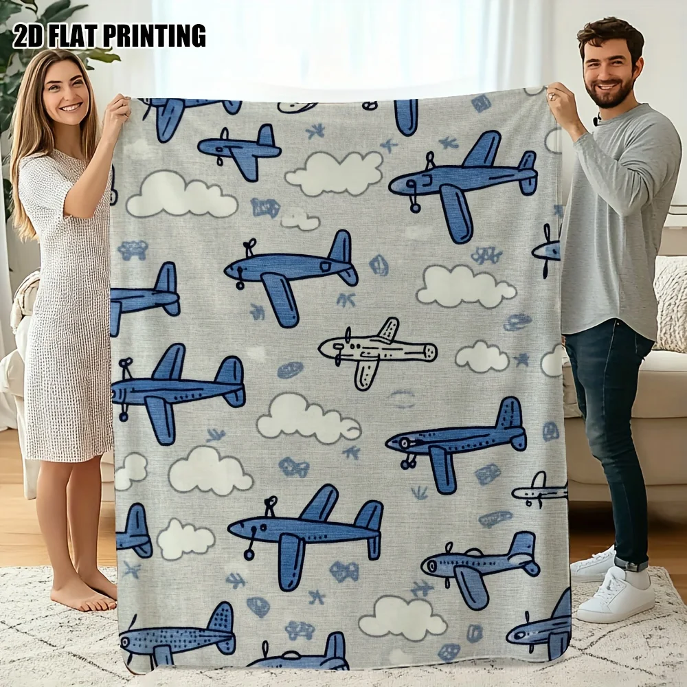 Hand‑Drawn Plane Cloud Pattern Flannel Blanket Cozy Warm Throw for Sofa Bed Living Room Children Household Decoration